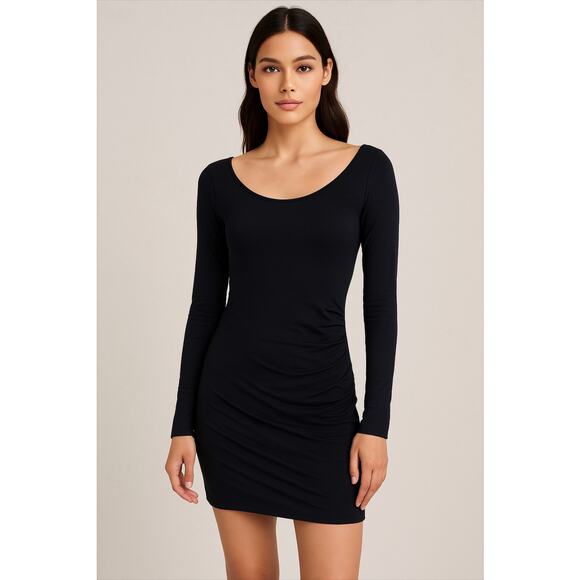 Club Monaco Sexy Jet Black Bodycon Long Sleeve Boat Neck Side Ruche Mini00 - Picture 1 of 13